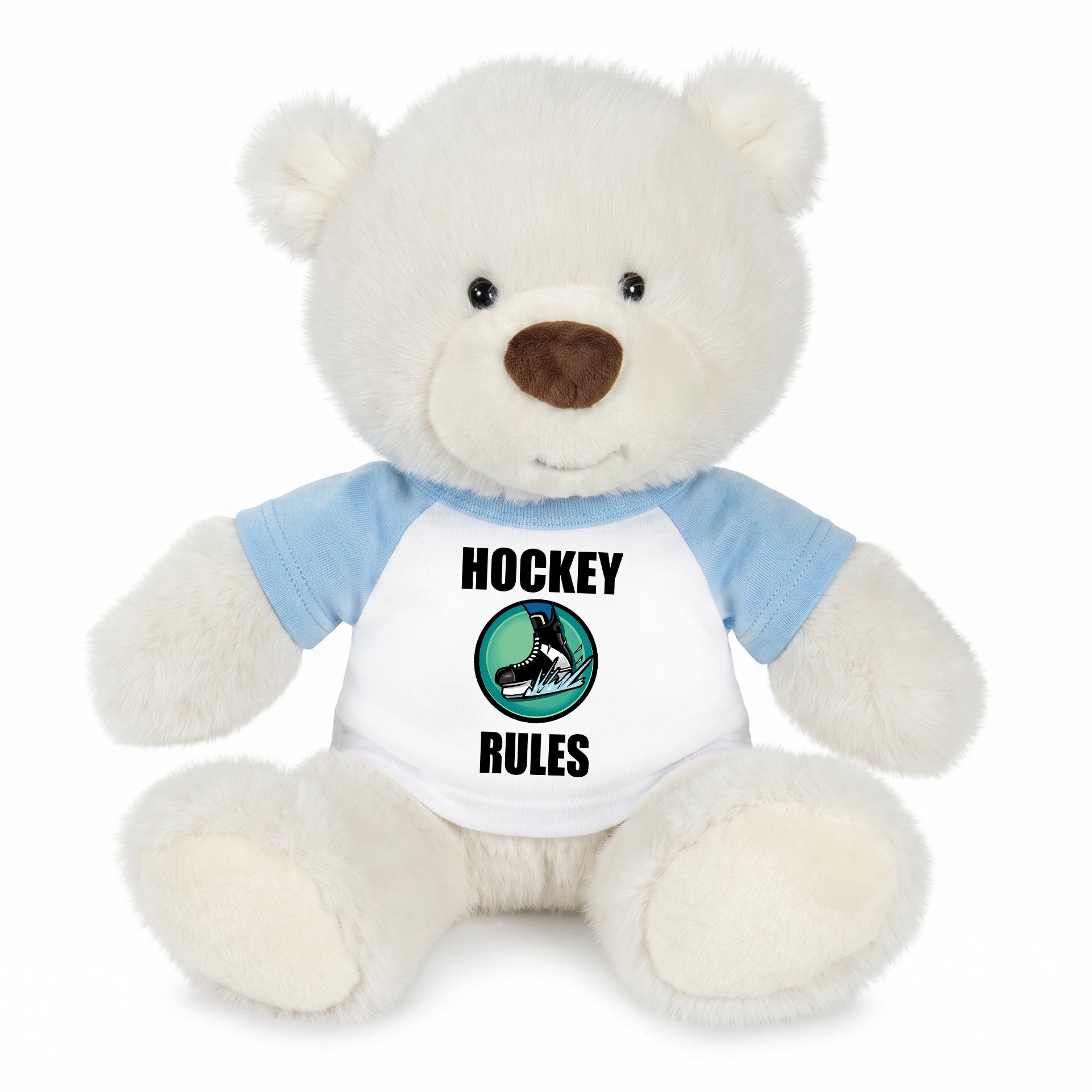 Personalized Ice Hockey Teddy Bear - 10 Inch White Nuzzles Bear - Light Blue Shirt