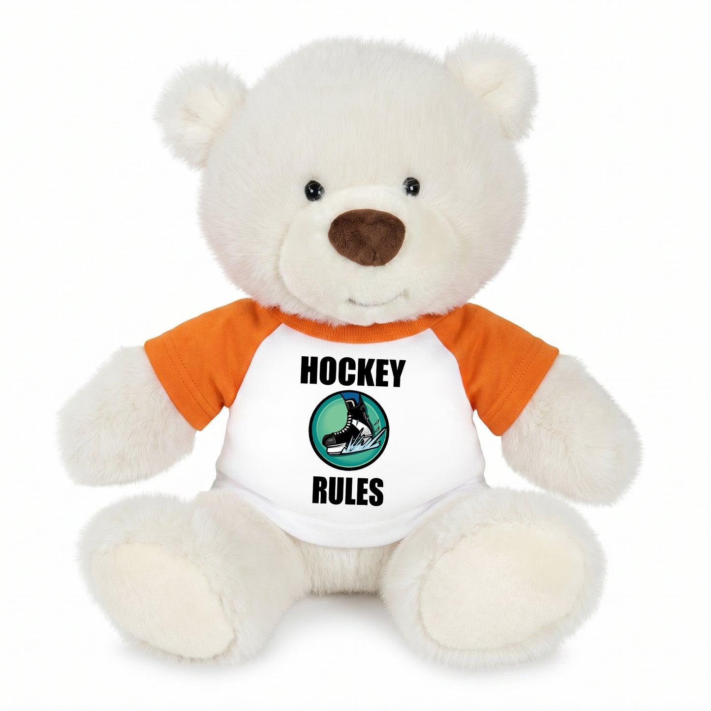 Personalized Ice Hockey Teddy Bear - 10 Inch White Nuzzles Bear - Orange Shirt