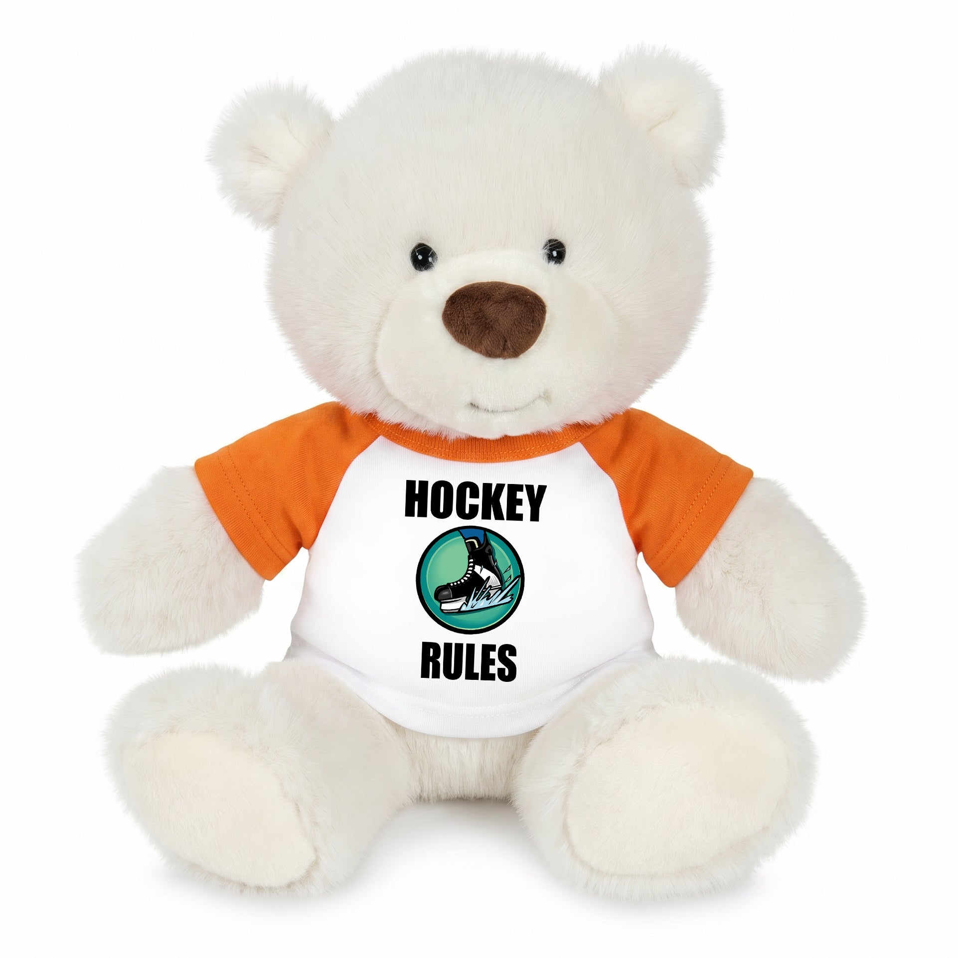 Personalized Ice Hockey Teddy Bear - 10 Inch White Nuzzles Bear - Orange Shirt