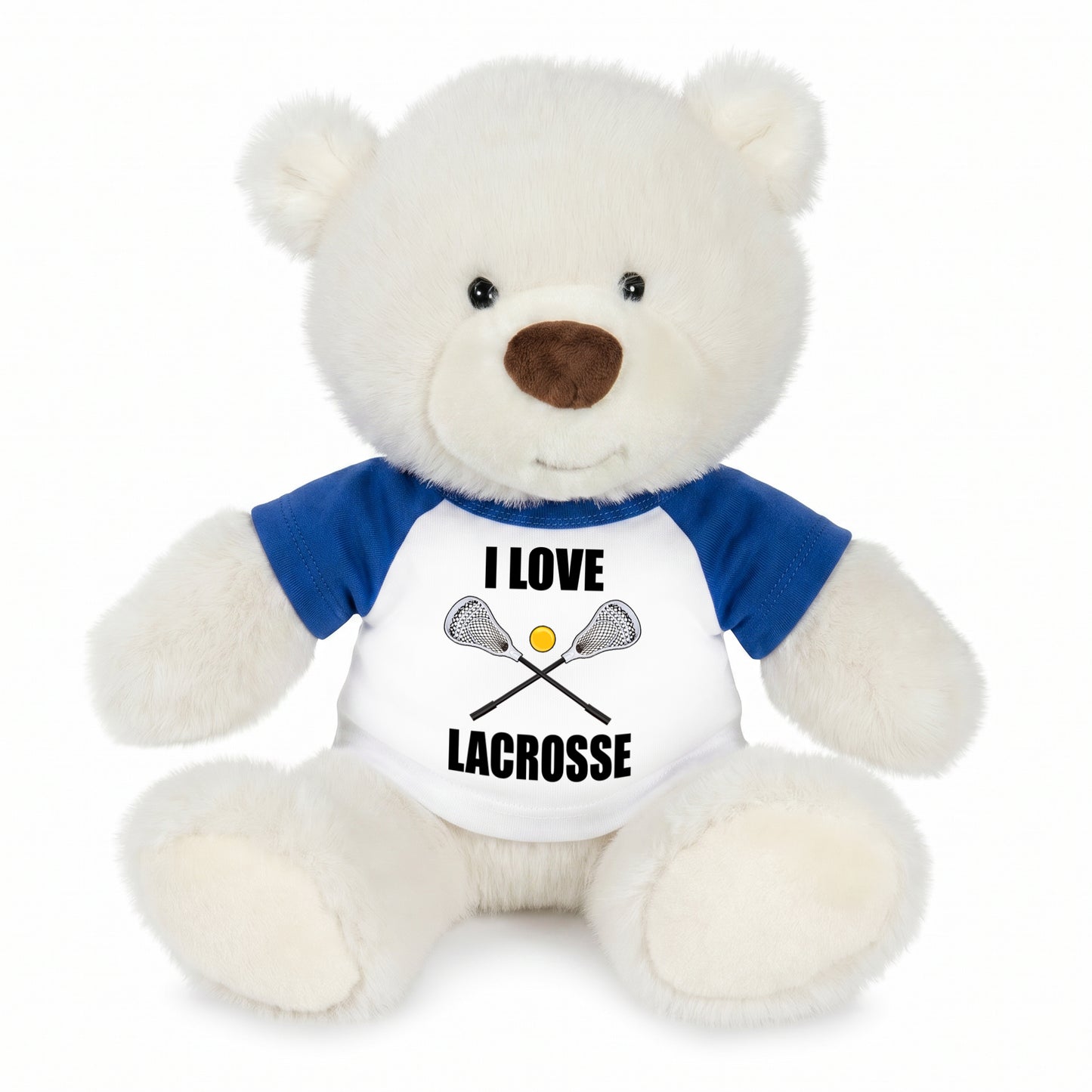 Personalized Lacrosse Teddy Bear - 10 Inch White Nuzzles Bear - Royal Blue Shirt