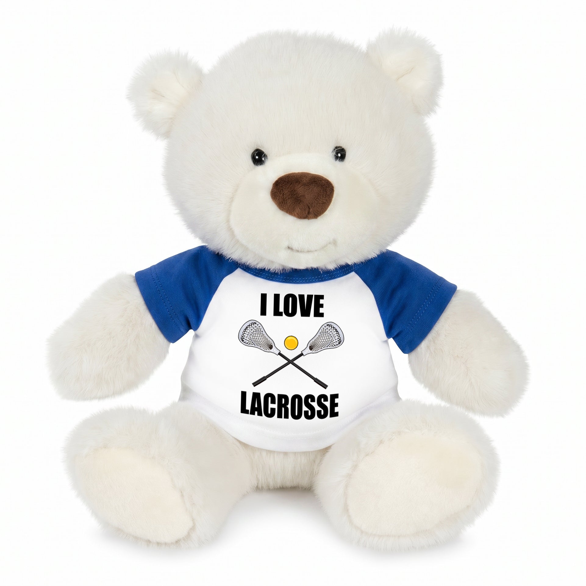 Personalized Lacrosse Teddy Bear - 10 Inch White Nuzzles Bear - Royal Blue Shirt