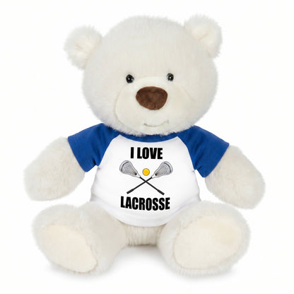 Personalized Lacrosse Teddy Bear - 10 Inch White Nuzzles Bear - Royal Blue Shirt