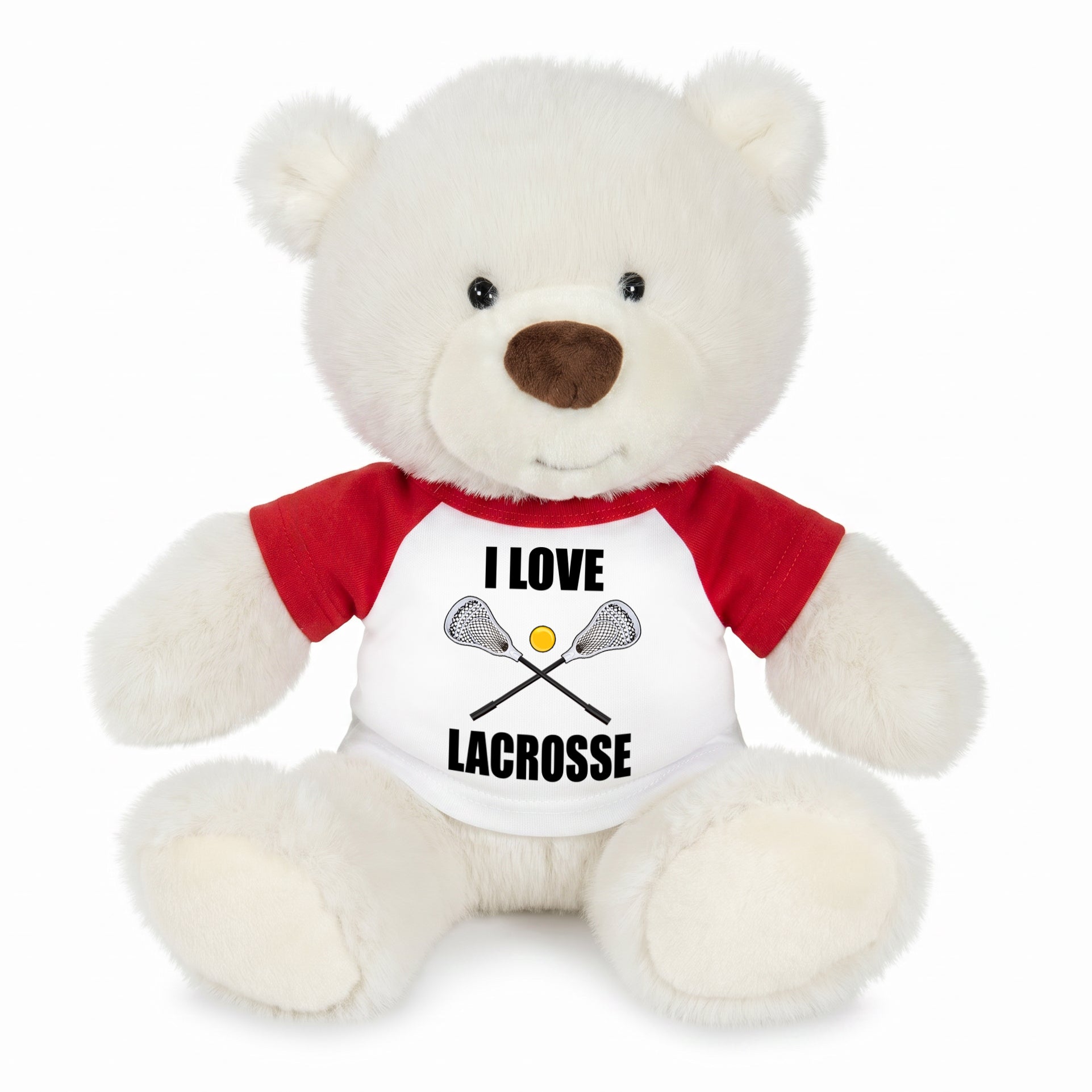Personalized Lacrosse Teddy Bear - 10 Inch White Nuzzles Bear - Red shirt