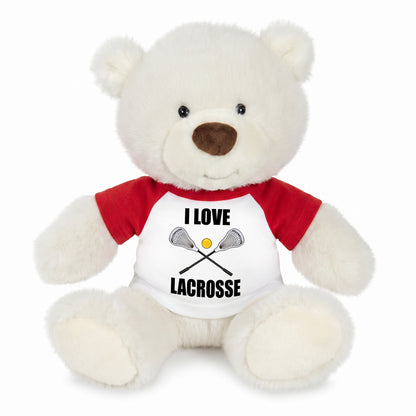 Personalized Lacrosse Teddy Bear - 10 Inch White Nuzzles Bear - Red shirt