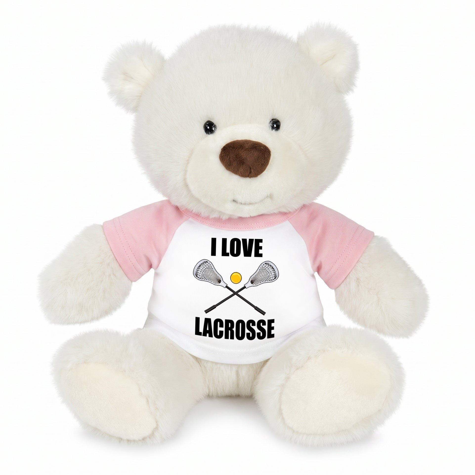 Personalized Lacrosse Teddy Bear - 10 Inch White Nuzzles Bear - Pink Shirt
