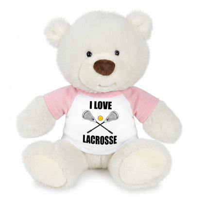 Personalized Lacrosse Teddy Bear - 10 Inch White Nuzzles Bear - Pink Shirt