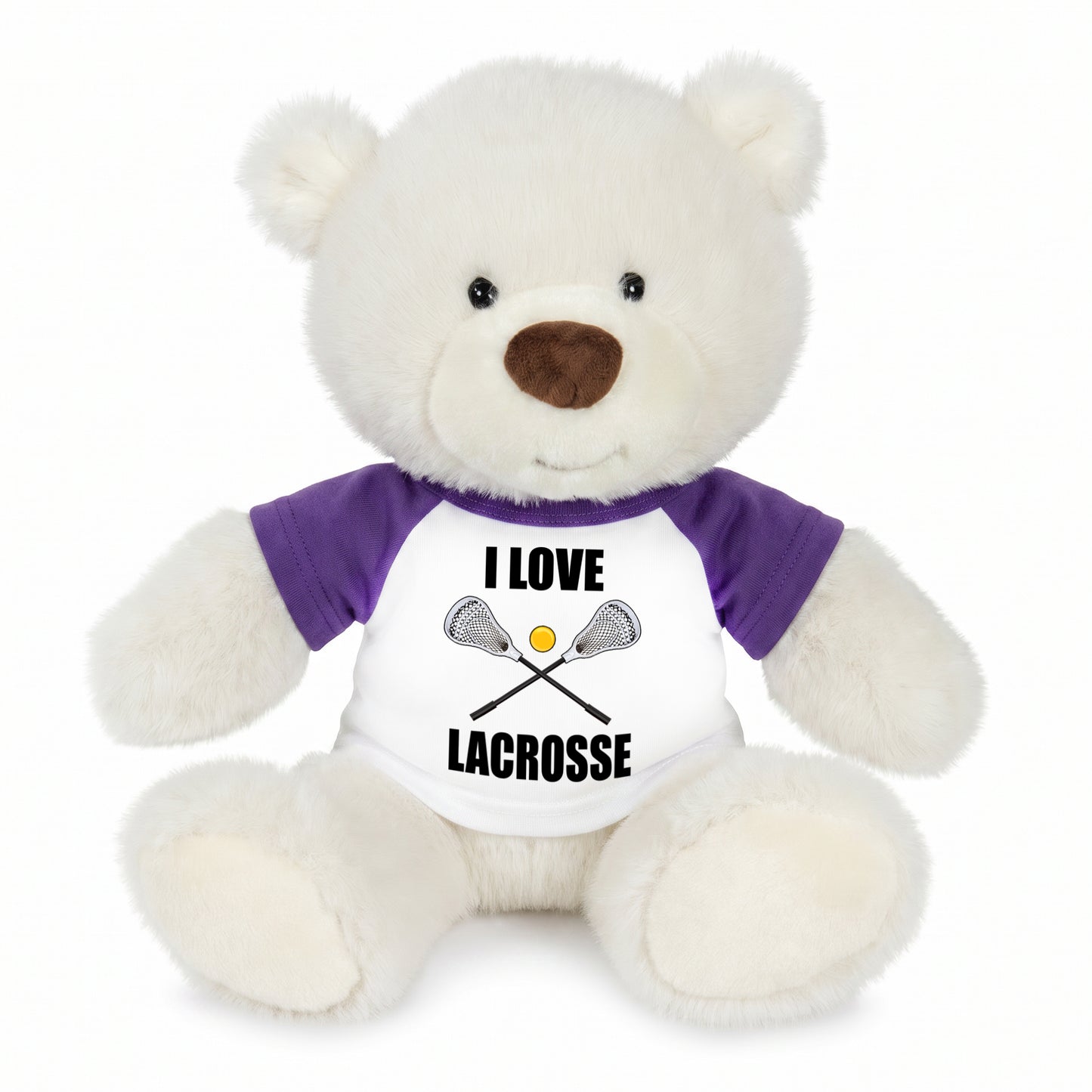 Personalized Lacrosse Teddy Bear - 10 Inch White Nuzzles Bear - Purple Shirt