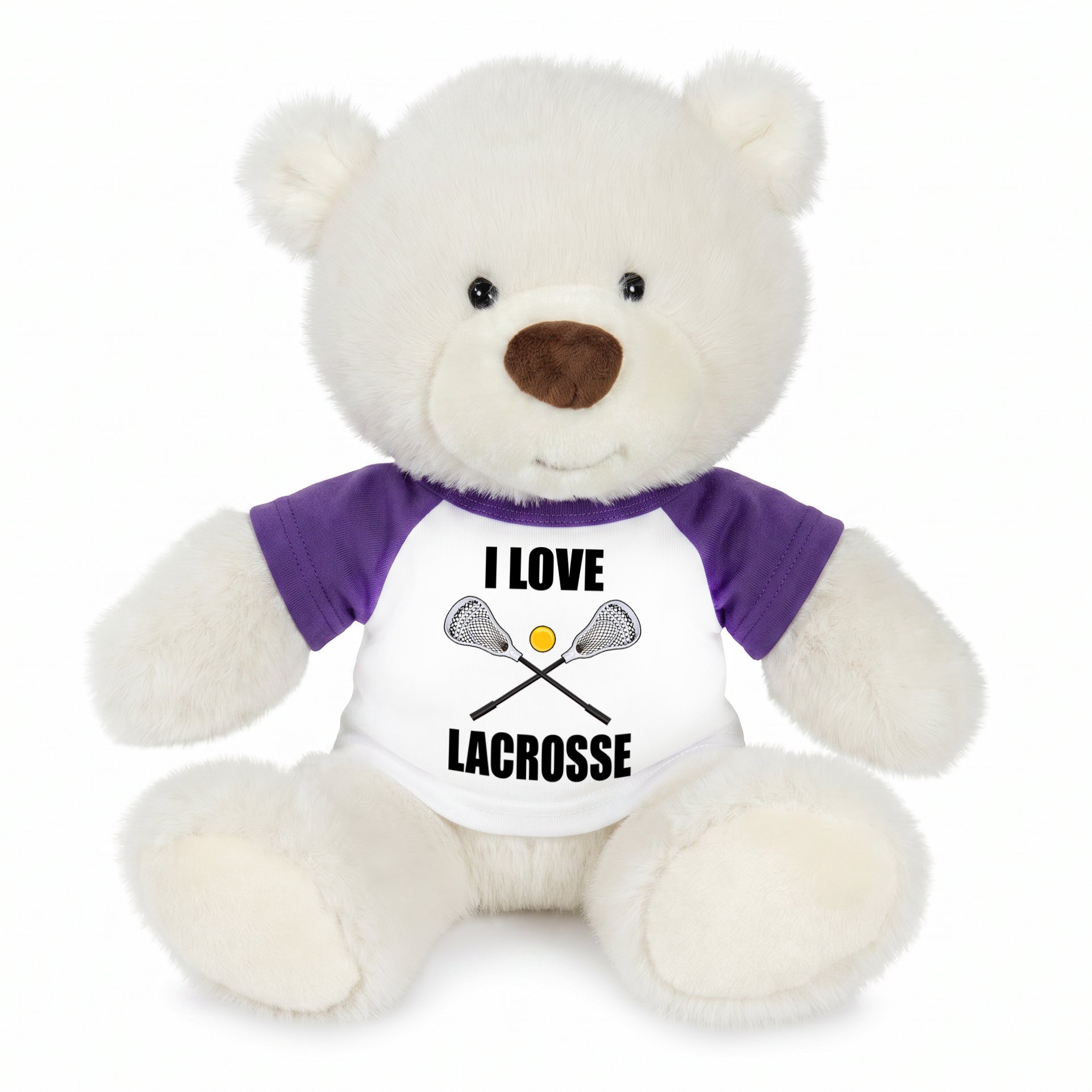 Personalized Lacrosse Teddy Bear - 10 Inch White Nuzzles Bear - Purple Shirt