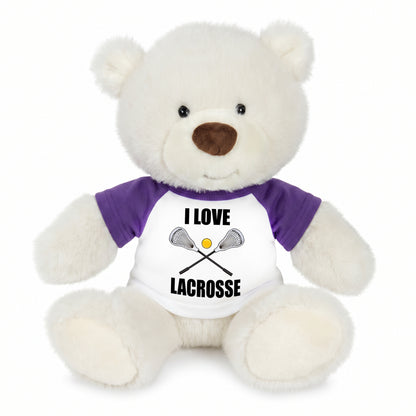 Personalized Lacrosse Teddy Bear - 10 Inch White Nuzzles Bear - Purple Shirt