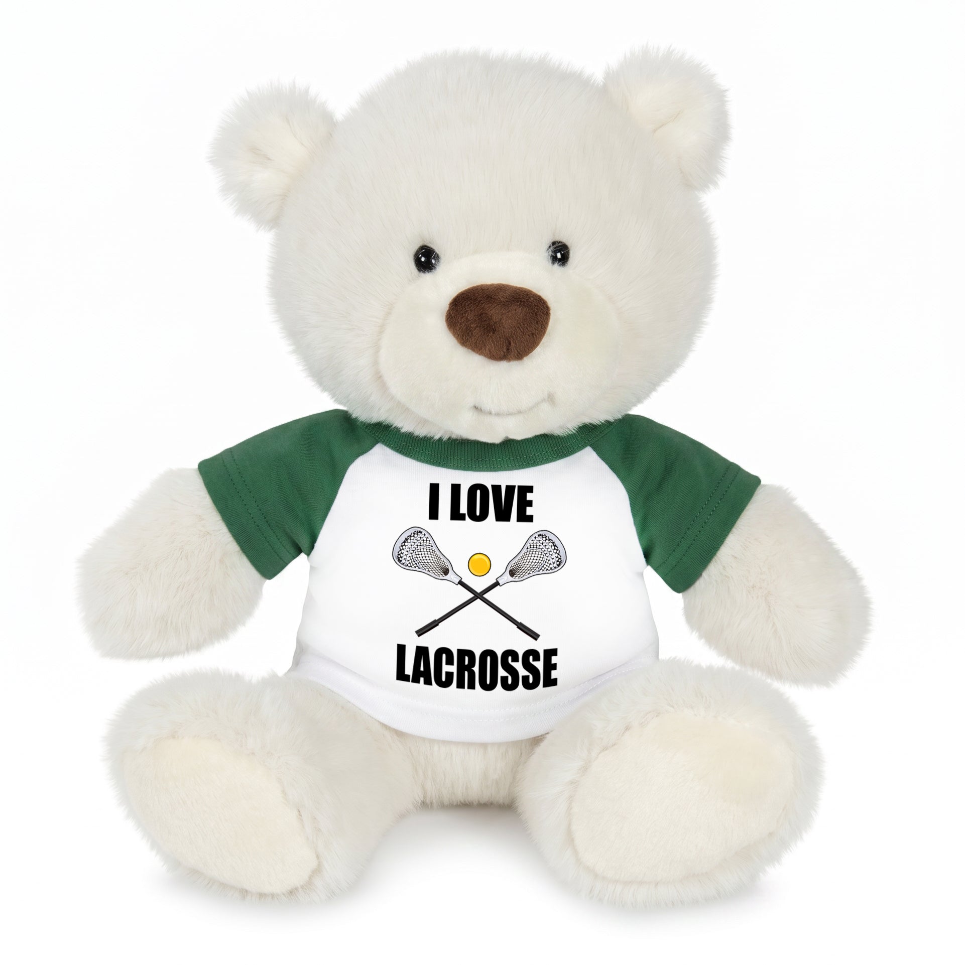 Personalized Lacrosse Teddy Bear - 10 Inch White Nuzzles Bear - Green Shirt