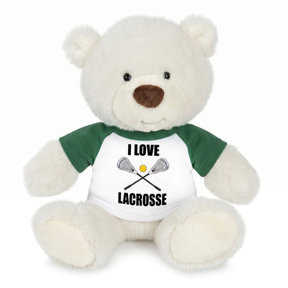 Personalized Lacrosse Teddy Bear - 10 Inch White Nuzzles Bear - Green Shirt