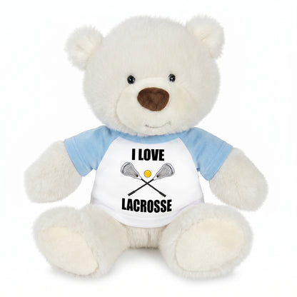 Personalized Lacrosse Teddy Bear - 10 Inch White Nuzzles Bear - Light Blue Shirt