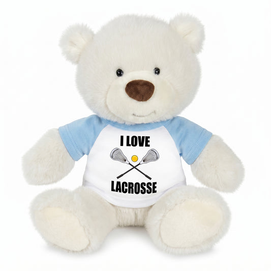 Personalized Lacrosse Teddy Bear - 10 Inch White Nuzzles Bear - Light Blue Shirt