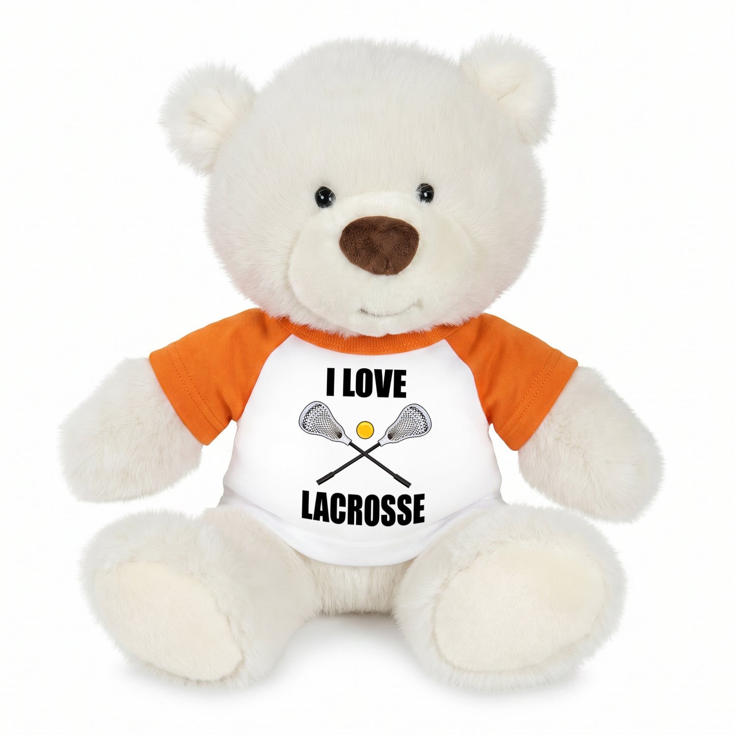 Personalized Lacrosse Teddy Bear - 10 Inch White Nuzzles Bear - Orange Shirt