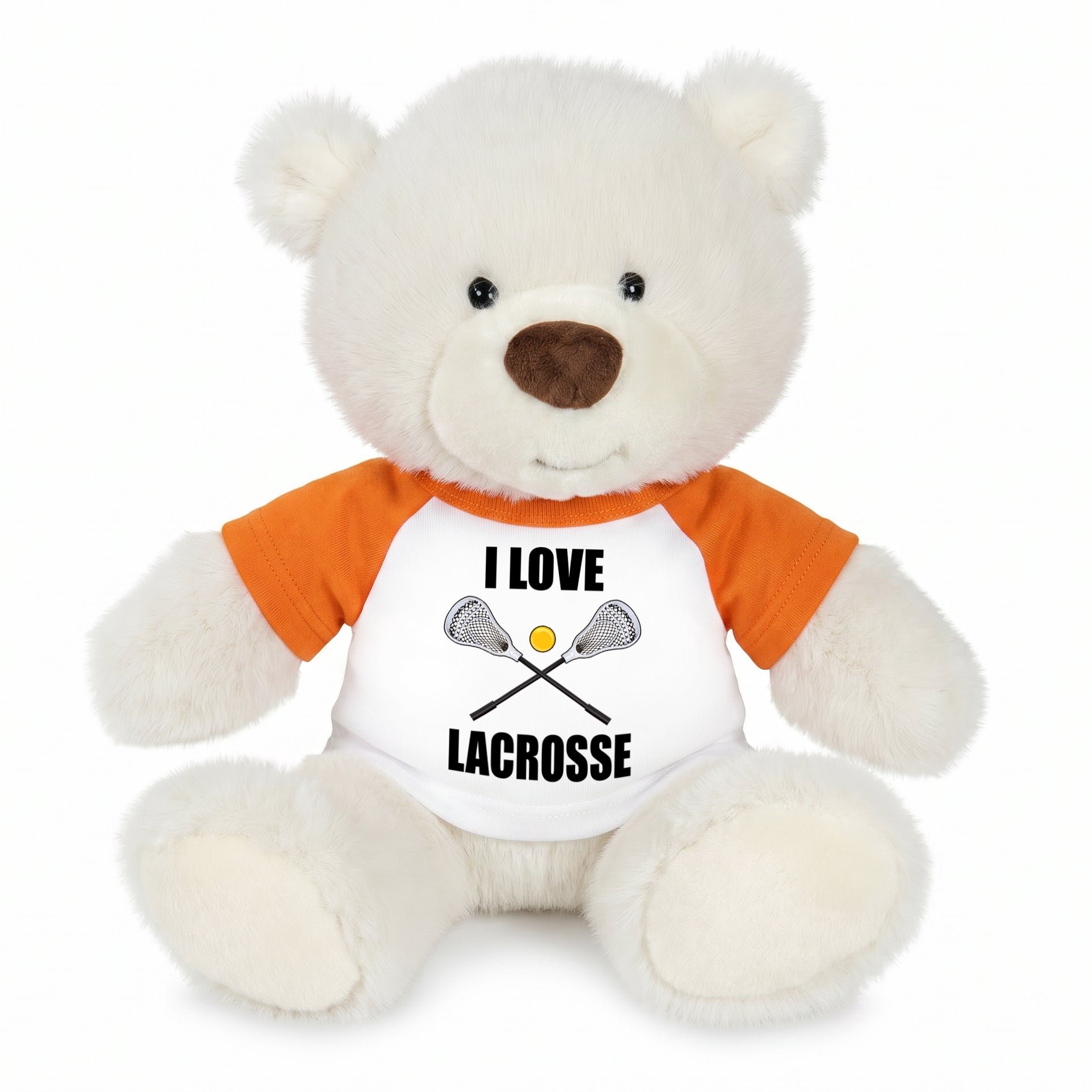 Personalized Lacrosse Teddy Bear - 10 Inch White Nuzzles Bear - Orange Shirt