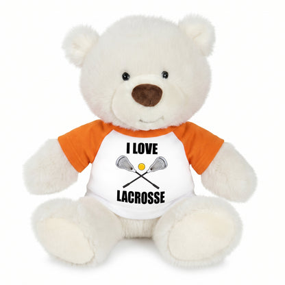 Personalized Lacrosse Teddy Bear - 10 Inch White Nuzzles Bear - Orange Shirt
