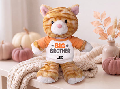 Personalized Big Brother Stuffed Cat - 12 Inch Plush Tabby Cat - Choose shirt color and add any name