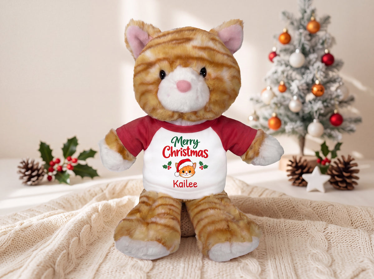Personalized Christmas Stuffed Cat - 12 Inch Plush Tabby Cat