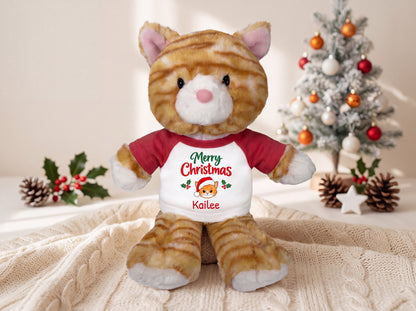 Personalized Christmas Stuffed Cat - 12 Inch Plush Tabby Cat