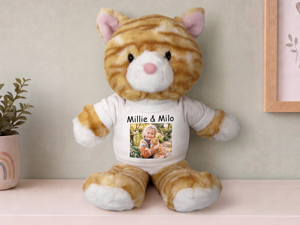 Personalized Stuffed Cat - 12 Inch TumbleToes Orange Tabby Cat with your custom Photo and/or Text