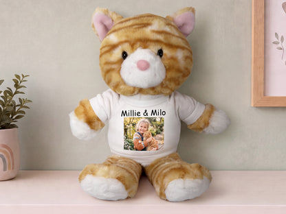 Personalized Stuffed Cat - 12 Inch TumbleToes Orange Tabby Cat with your custom Photo and/or Text