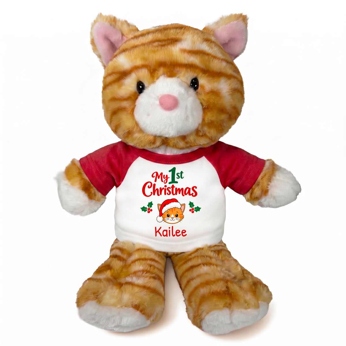 Personalized Christmas Stuffed Cat - 12 Inch Plush Tabby Cat - Red, My 1st Christmas Cat