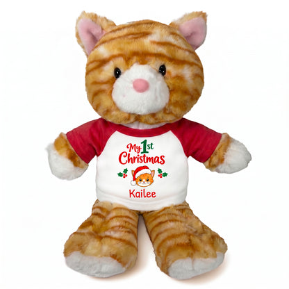 Personalized Christmas Stuffed Cat - 12 Inch Plush Tabby Cat - Red, My 1st Christmas Cat