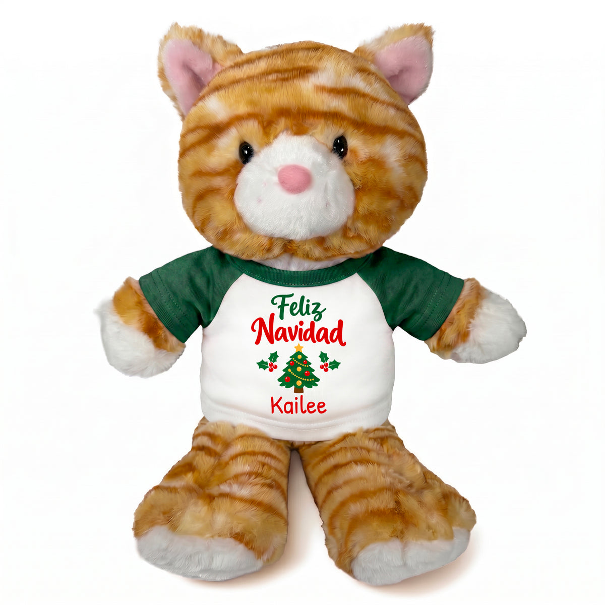 Personalized Christmas Stuffed Cat - 12 Inch Plush Tabby Cat - Green, Feliz Navidad Tree