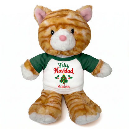 Personalized Christmas Stuffed Cat - 12 Inch Plush Tabby Cat - Green, Feliz Navidad Tree