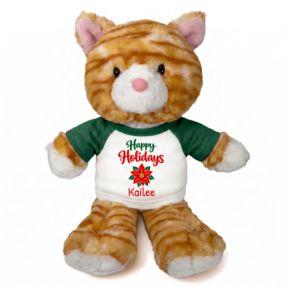 Personalized Christmas Stuffed Cat - 12 Inch Plush Tabby Cat - Green, Happy Holidays Poinsettia