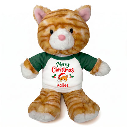Personalized Christmas Stuffed Cat - 12 Inch Plush Tabby Cat - Green, Merry Christmas Cat