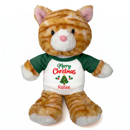 Personalized Christmas Stuffed Cat - 12 Inch Plush Tabby Cat - Green, Merry Christmas Tree