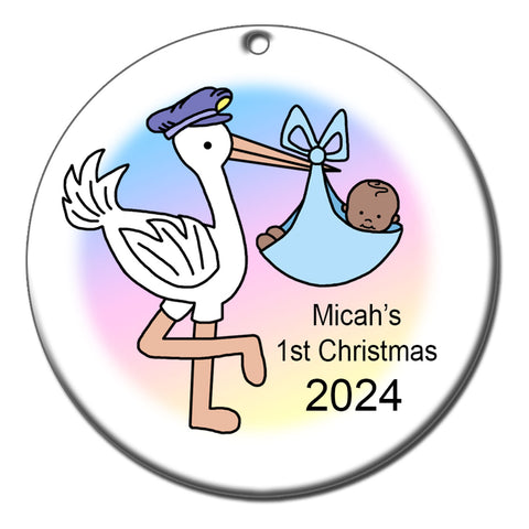 Pastel Stork Baby Personalized Christmas Ornament