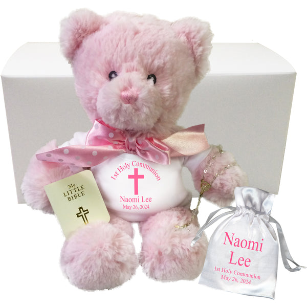First Communion Teddy Bear Gift Set - Personalized 12" Pink Aurora Plush Bear