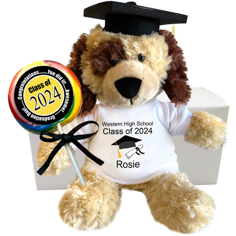 Graduation Dog Personalized Gift Set - 12" Plush Spotty Puppy - Class of 2024