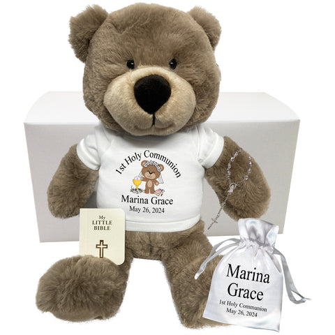 Personalized First Communion Teddy Bear Gift Set -14"&nbsp;Taupe Bear