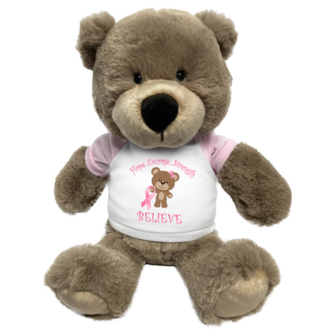 Breast Cancer Support Teddy Bear - Personalized 14" Taupe Bear - Believe Design