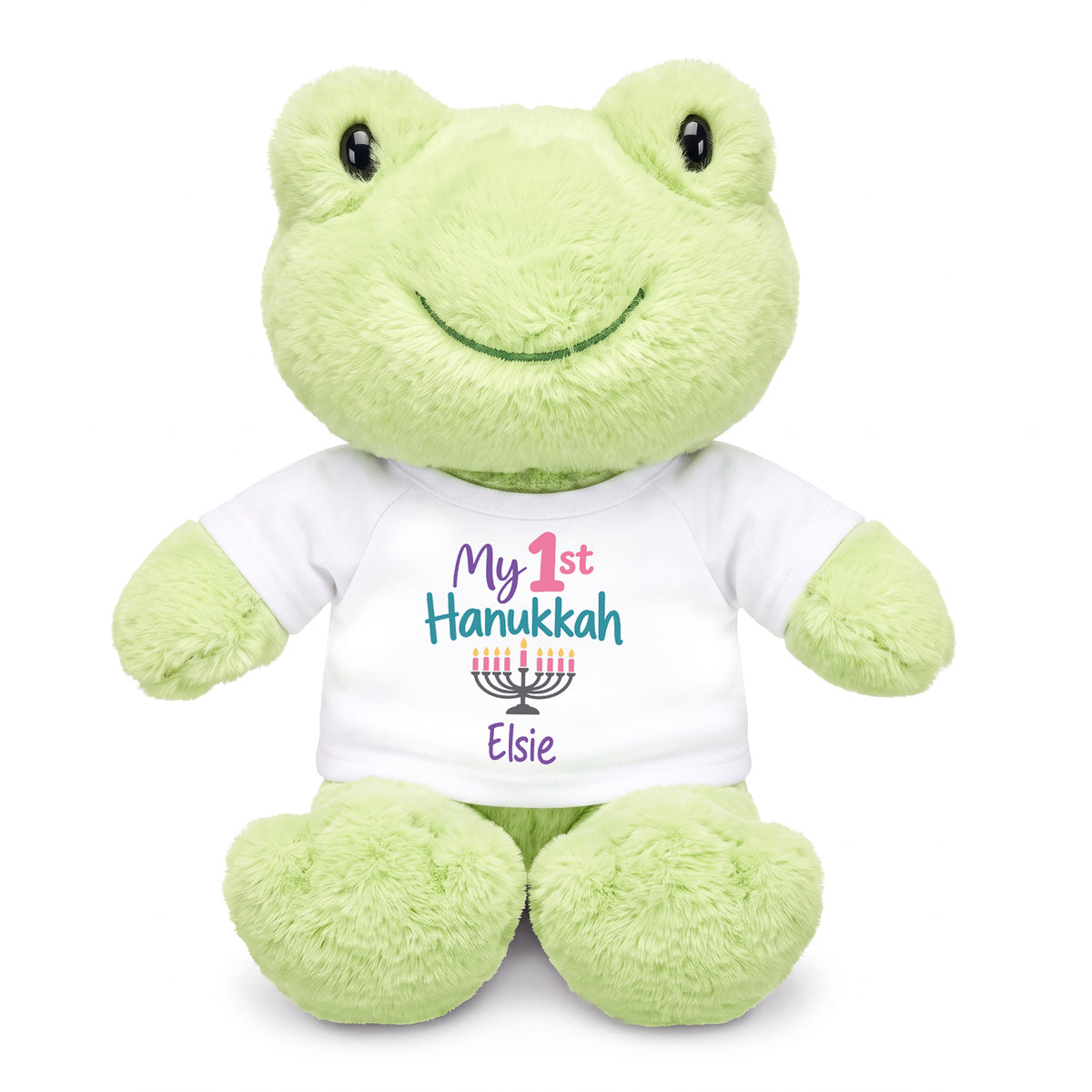 Personalized Hanukkah Stuffed Frog - 12 Inch Plush Tumbletoes Frog - My First Hanukkah Design - white shirt with pastel design
