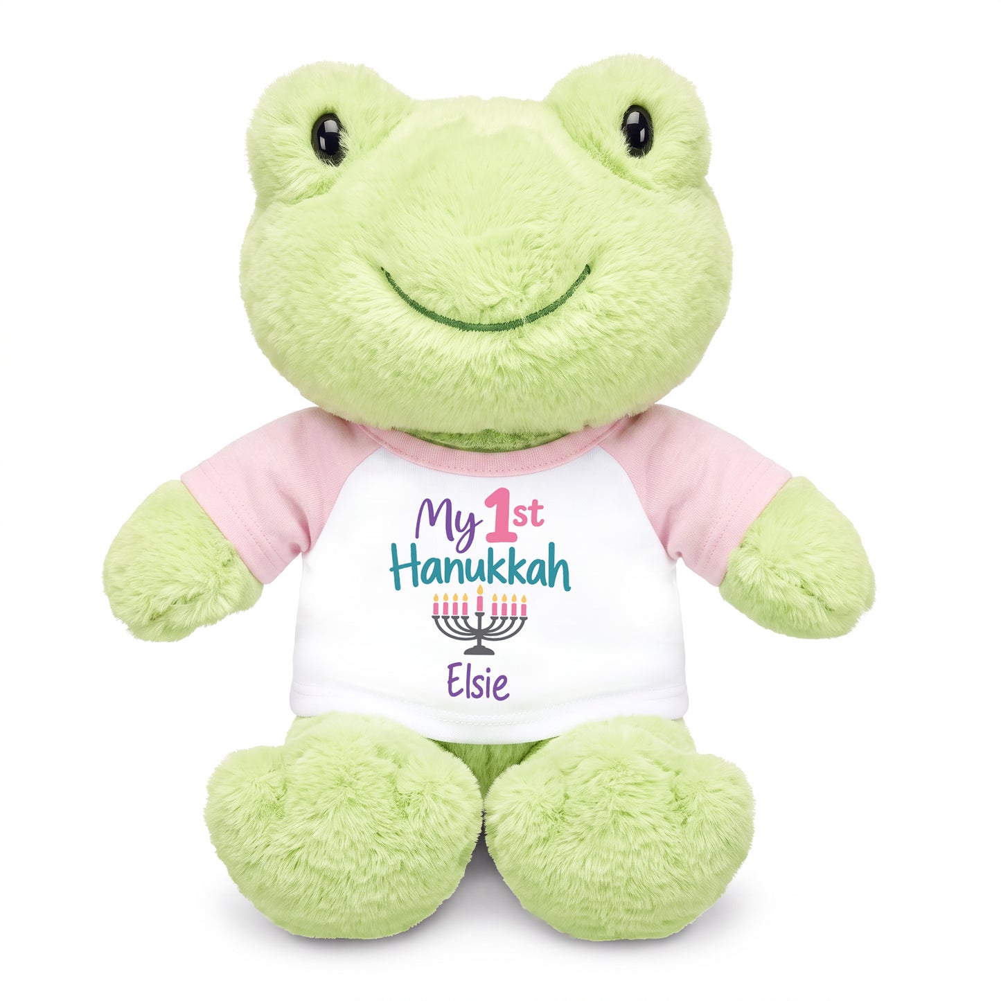 Personalized Hanukkah Stuffed Frog - 12 Inch Plush Tumbletoes Frog - My First Hanukkah Design - pink shirt with pastel design