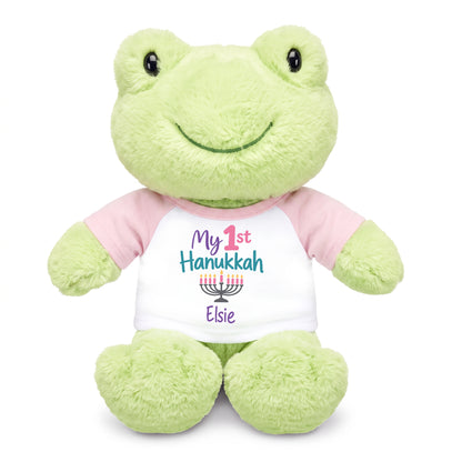 Personalized Hanukkah Stuffed Frog - 12 Inch Plush Tumbletoes Frog - My First Hanukkah Design - pink shirt with pastel design