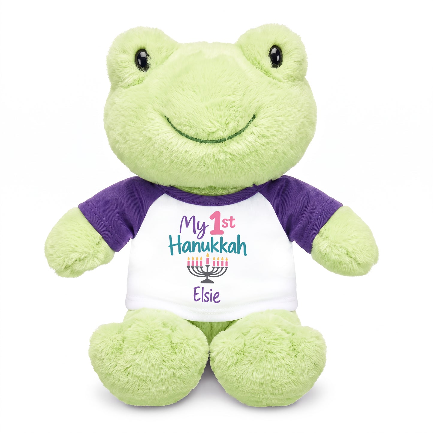 Personalized Hanukkah Stuffed Frog - 12 Inch Plush Tumbletoes Frog - My First Hanukkah Design - purple shirt with pastel design