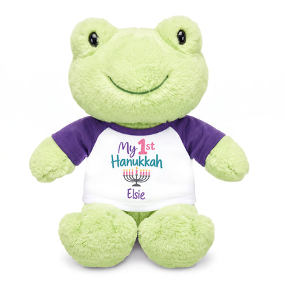 Personalized Hanukkah Stuffed Frog - 12 Inch Plush Tumbletoes Frog - My First Hanukkah Design - purple shirt with pastel design