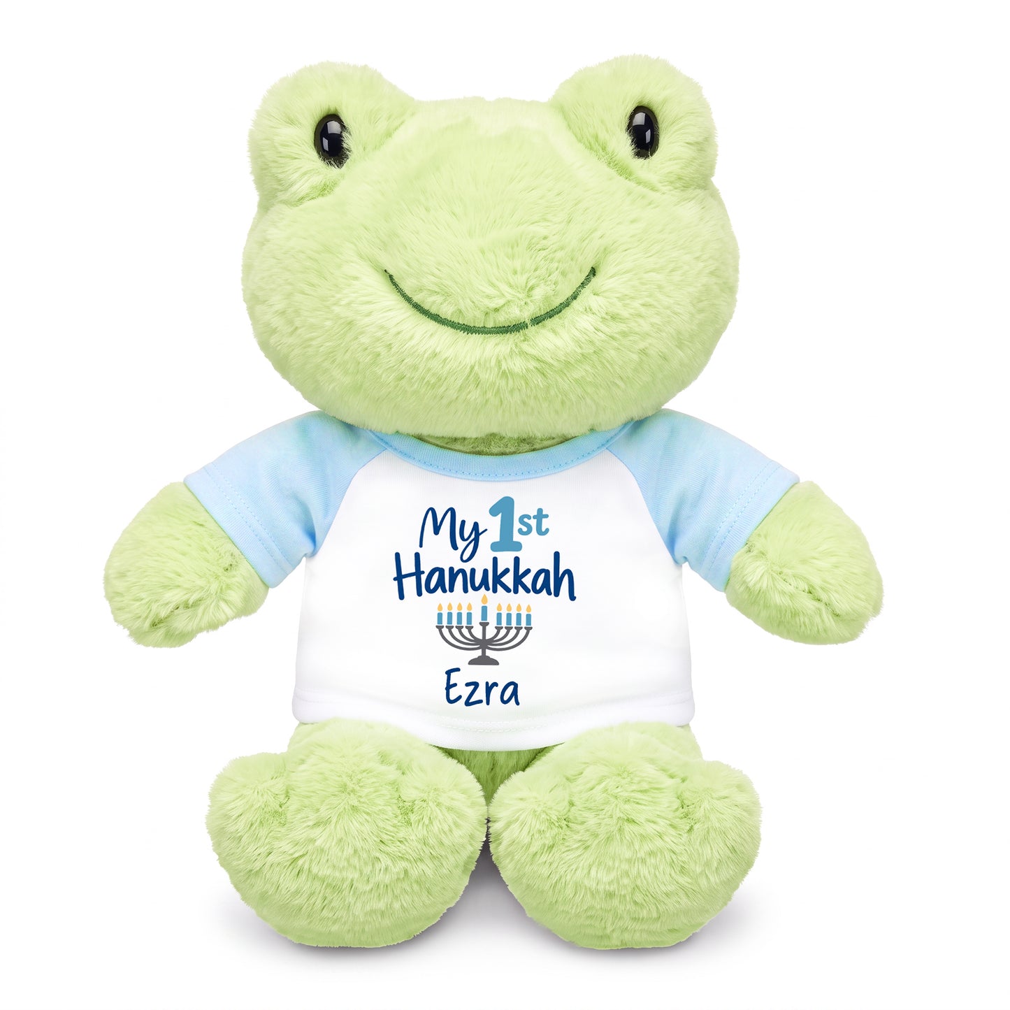 Personalized Hanukkah Stuffed Frog - 12 Inch Plush Tumbletoes Frog - My First Hanukkah Design - Light Blue Shirt with Blue Design