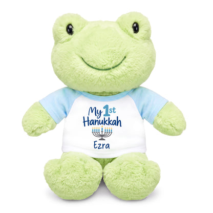 Personalized Hanukkah Stuffed Frog - 12 Inch Plush Tumbletoes Frog - My First Hanukkah Design - Light Blue Shirt with Blue Design