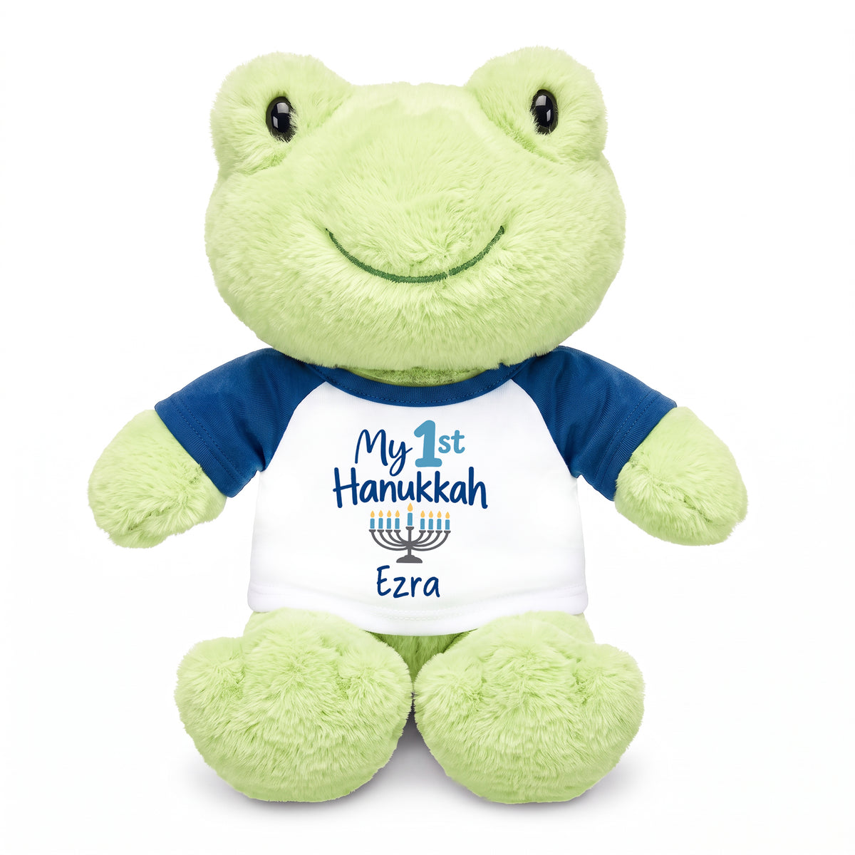 Personalized Hanukkah Stuffed Frog - 12 Inch Plush Tumbletoes Frog - My First Hanukkah Design - Royal Blue shirt with Blue Design