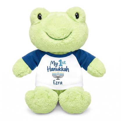 Personalized Hanukkah Stuffed Frog - 12 Inch Plush Tumbletoes Frog - My First Hanukkah Design - Royal Blue shirt with Blue Design