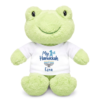 Personalized Hanukkah Stuffed Frog - 12 Inch Plush Tumbletoes Frog - My First Hanukkah Design - white shirt with blue design