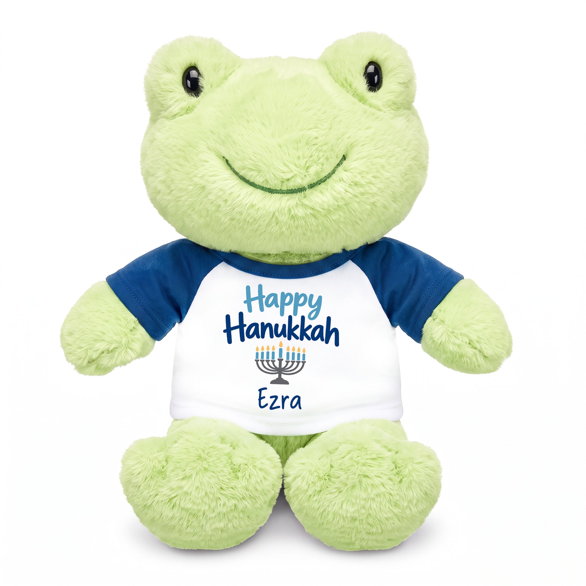 Personalized Hanukkah Stuffed Frog - 12 Inch Plush Tumbletoes Frog - Happy Hanukkah Design - royal blue shirt with blue design