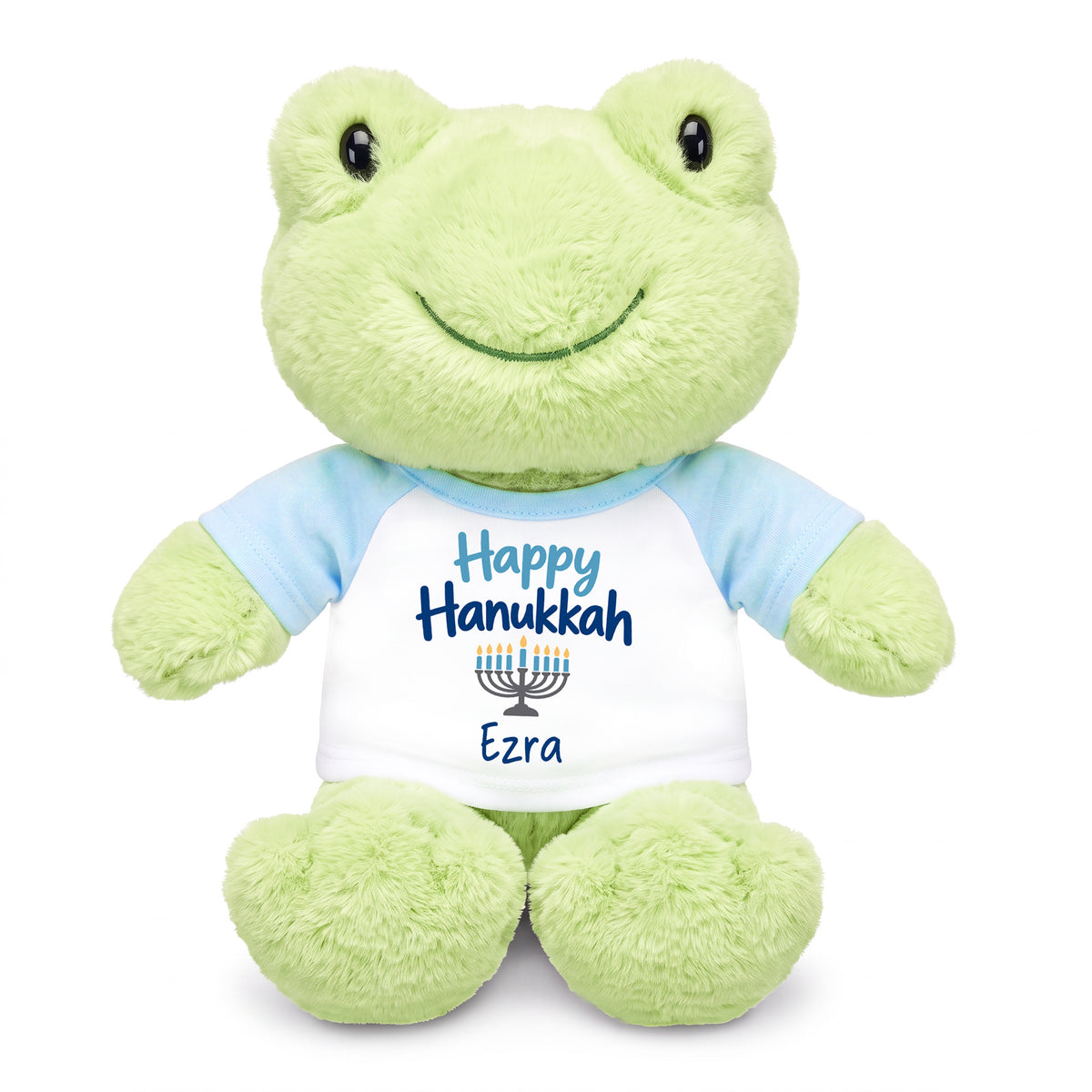 Personalized Hanukkah Stuffed Frog - 12 Inch Plush Tumbletoes Frog - Happy Hanukkah Design - light blue shirt with blue design