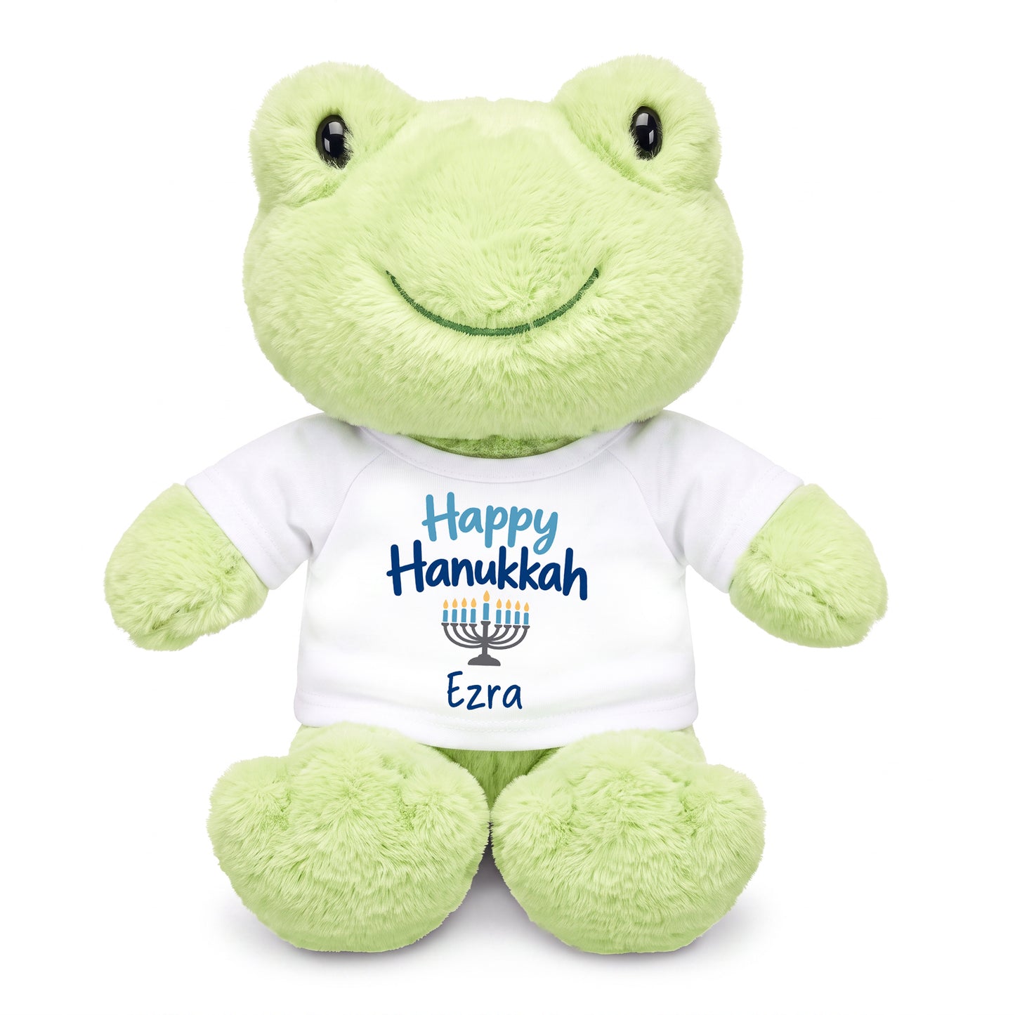 Personalized Hanukkah Stuffed Frog - 12 Inch Plush Tumbletoes Frog - Happy Hanukkah Design - white shirt with blue design